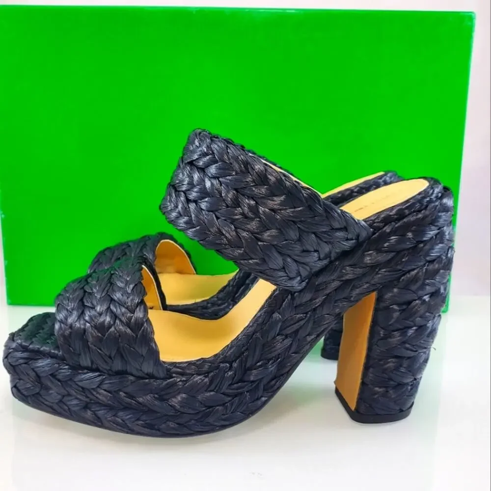 NEW$1,550 Bottega Veneta Trinity Braided Raffia Two-Band Platform Sandals Sz 10